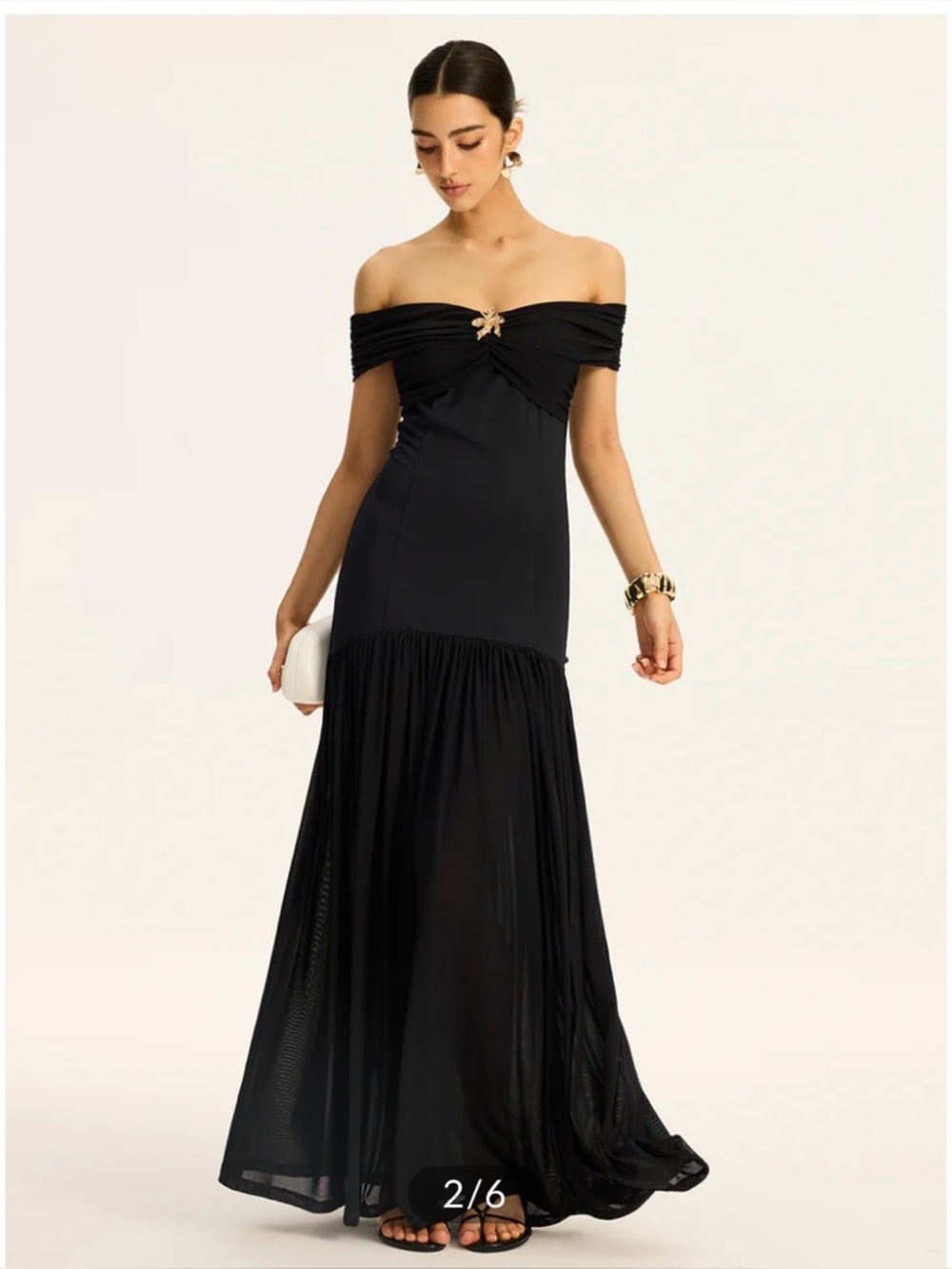 Commense Semi-Sheer Off-Shoulder Ruched Mesh-Paneled Maxi